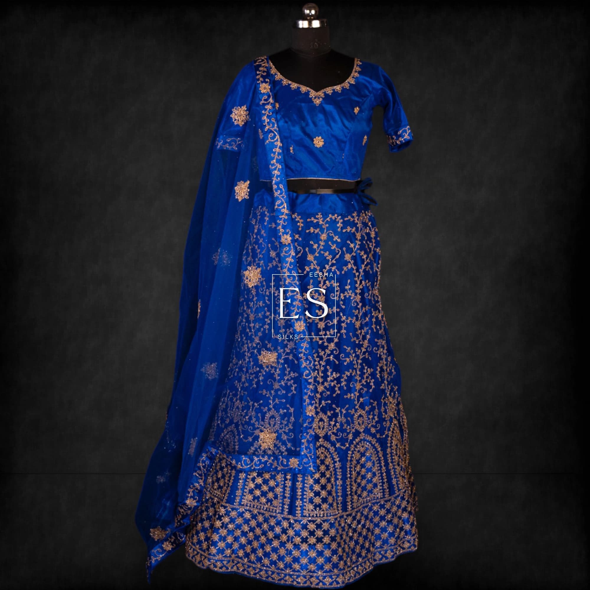 Royal Blue Vine Embroidered Lehenga - View 1