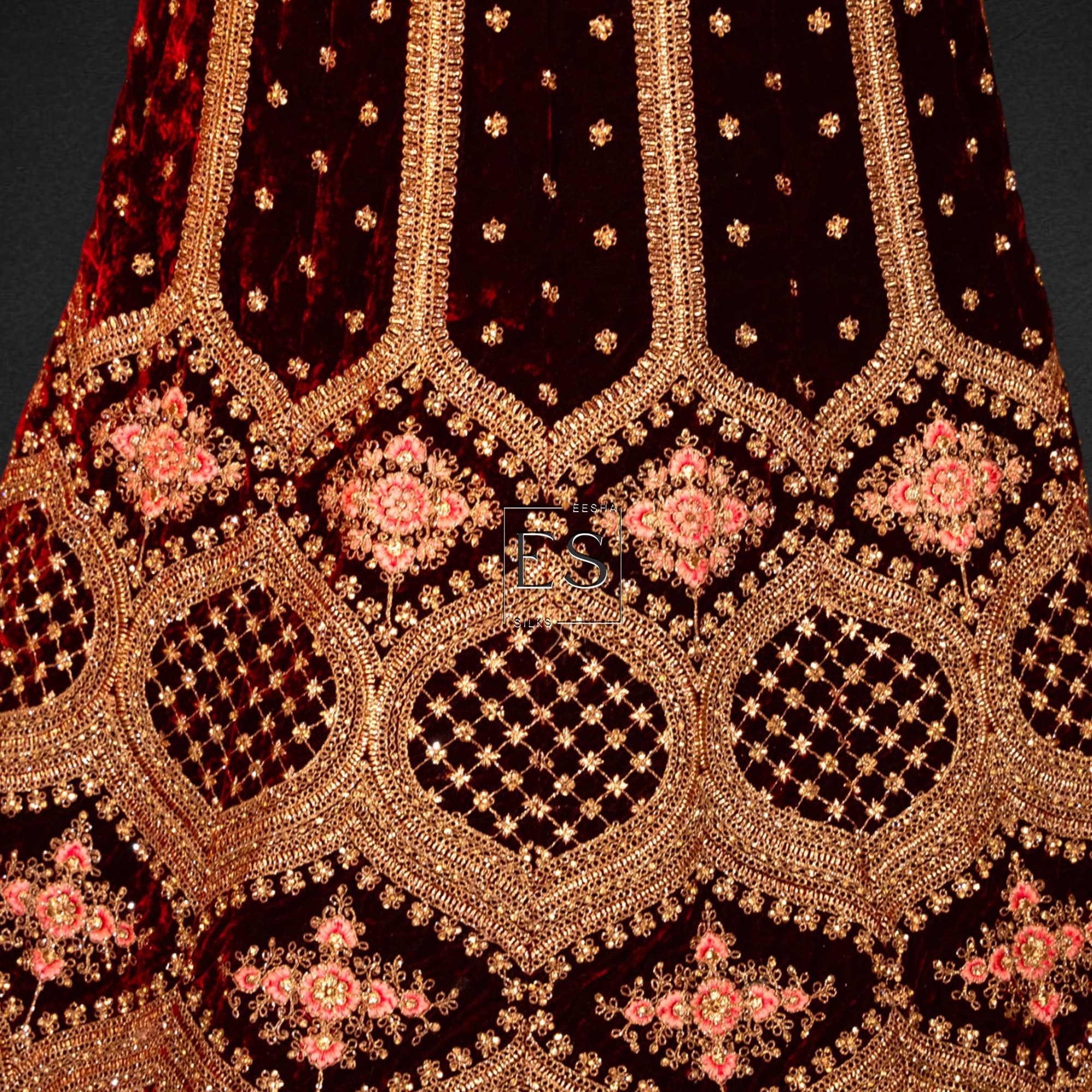 Dark Maroon Velvet Bridal Lehenga - View 3