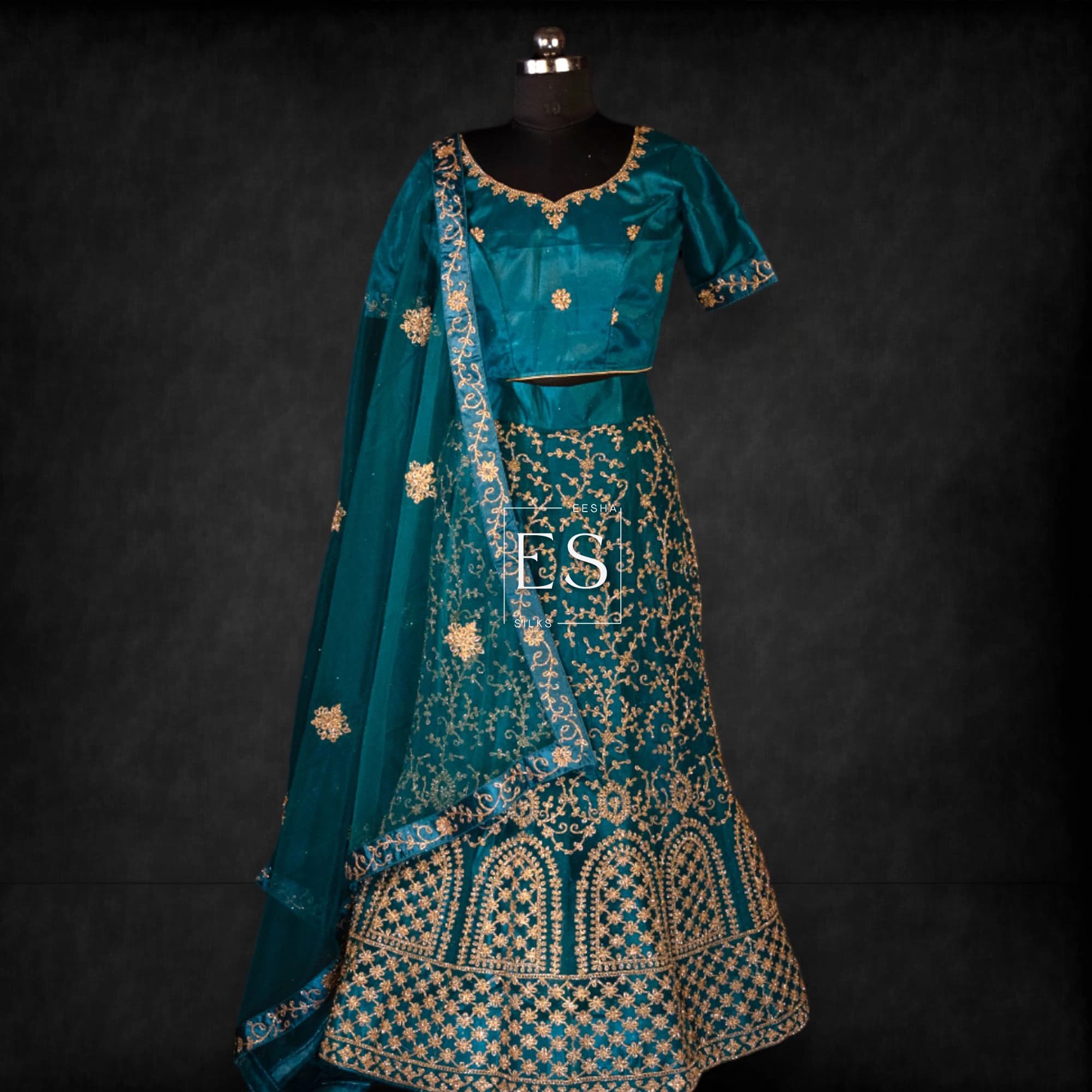 Teal Green Vine Embroidered Lehenga - View 1