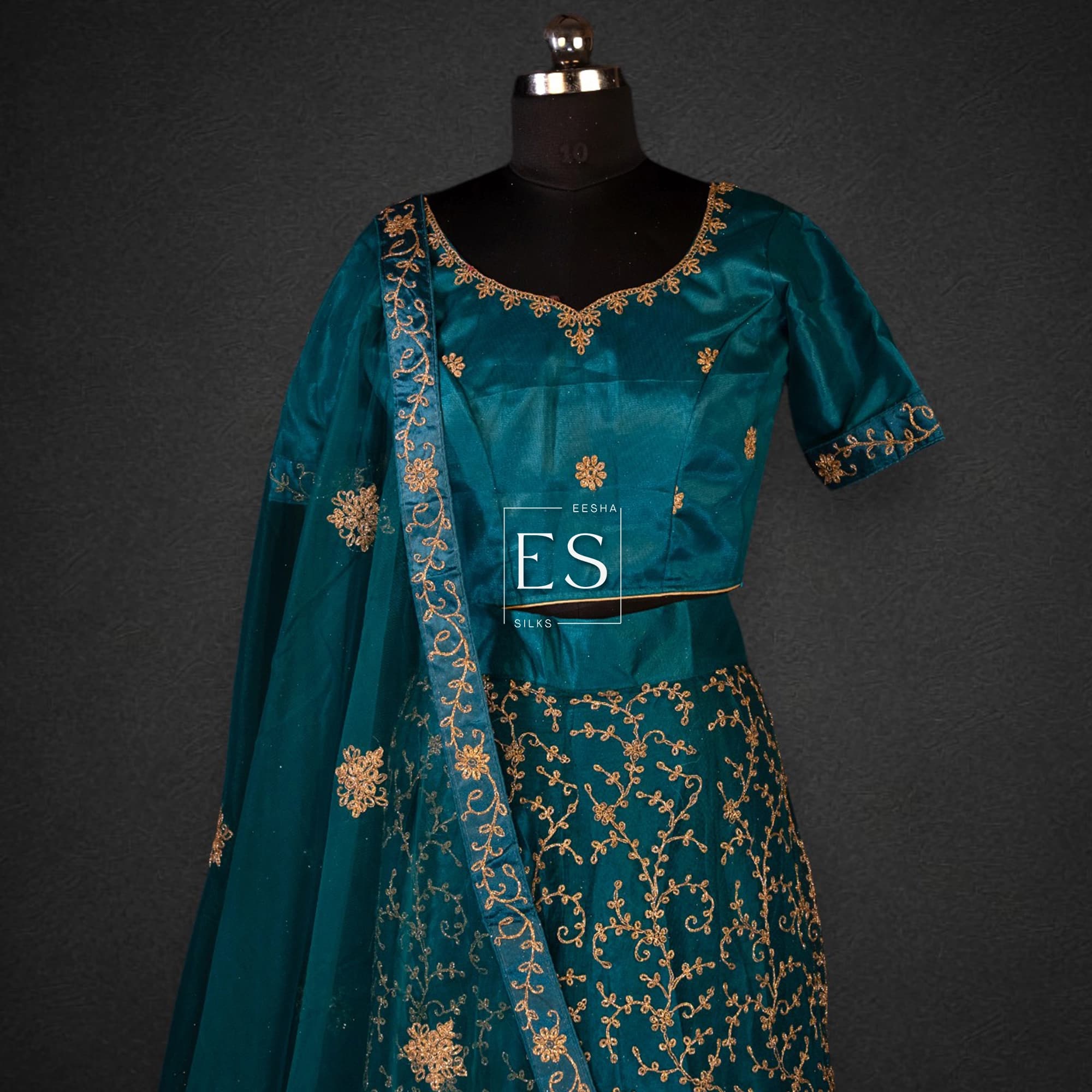 Teal Green Vine Embroidered Lehenga - View 2