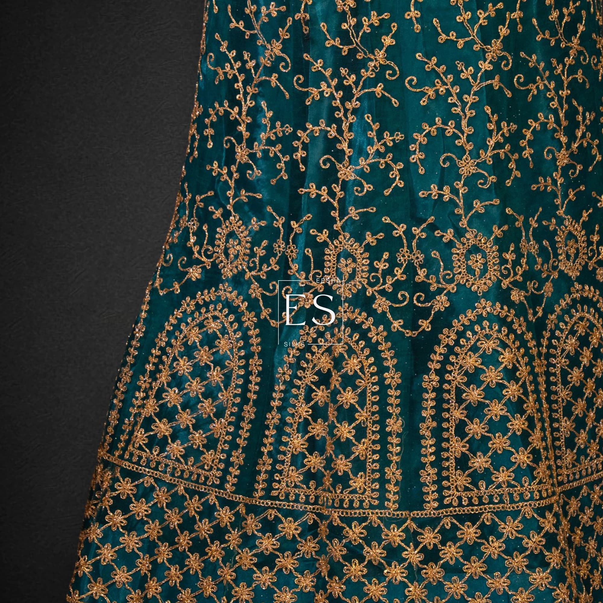 Teal Green Vine Embroidered Lehenga - View 3