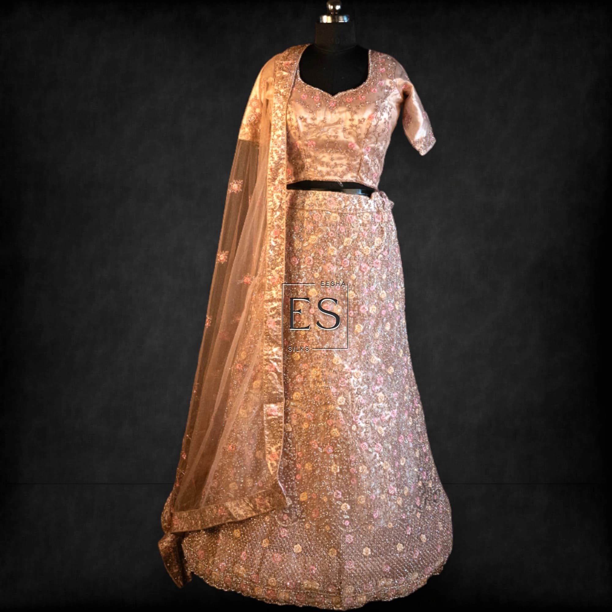 Champagne Gold Floral Lehenga - View 1
