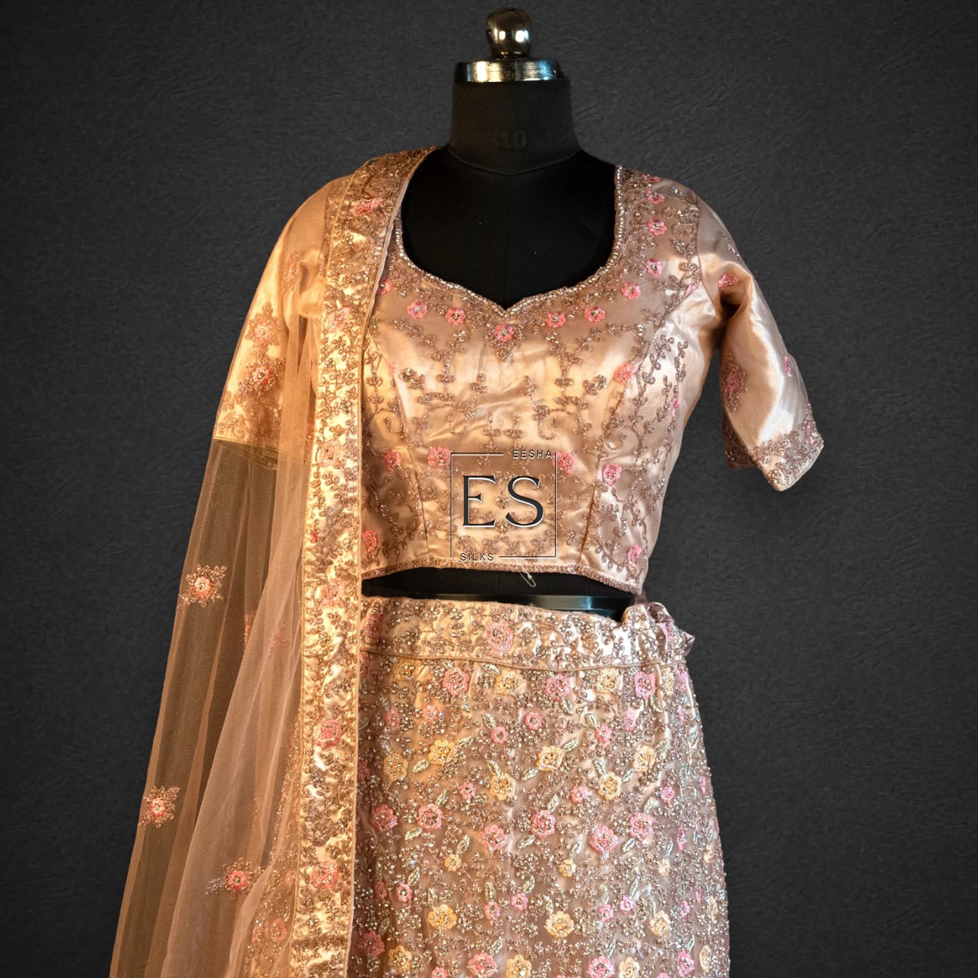 Champagne Gold Floral Lehenga - View 2