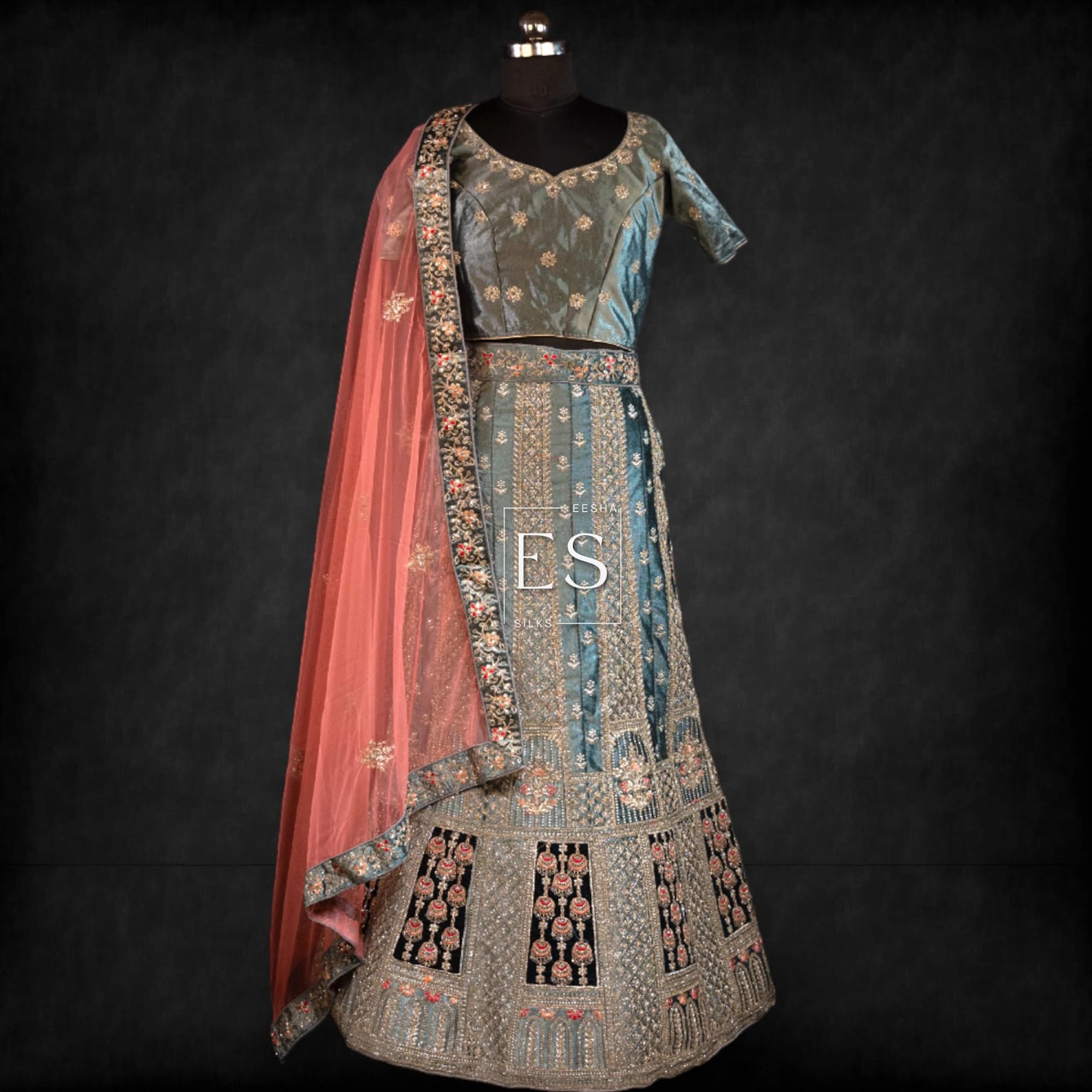 Steel Blue Embroidered Lehenga - View 1