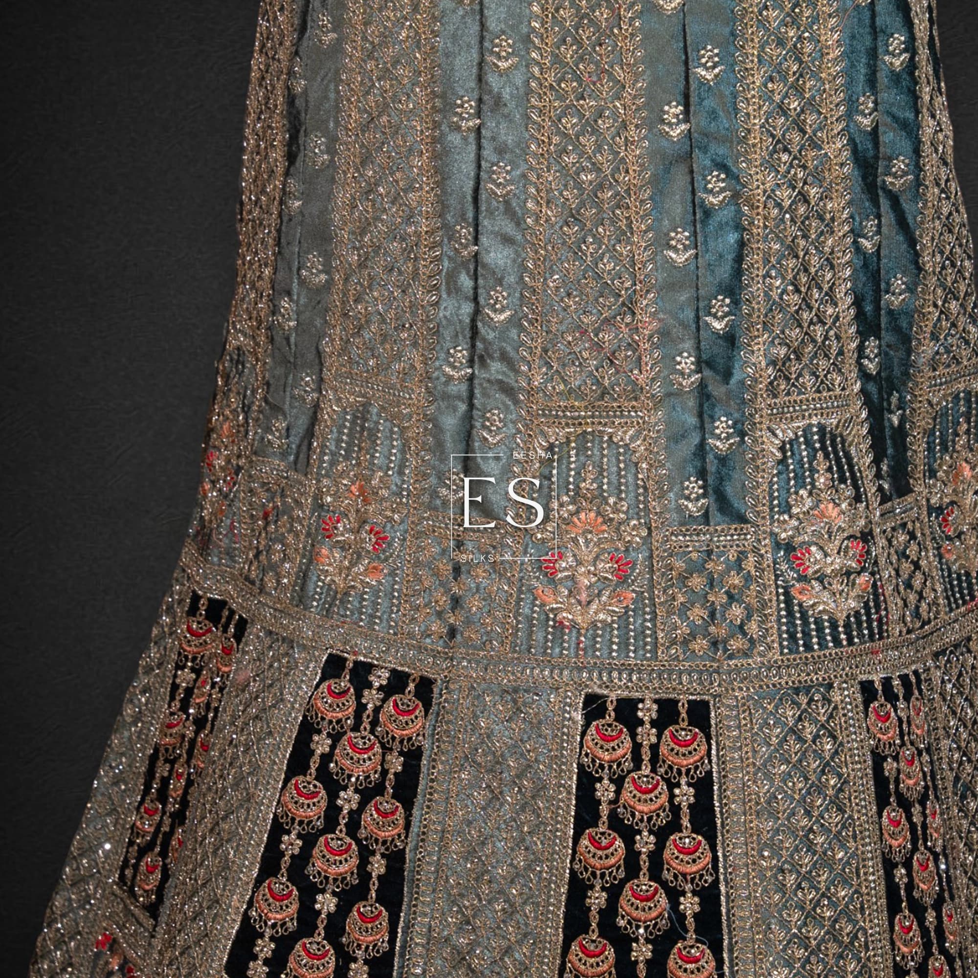 Steel Blue Embroidered Lehenga - View 3